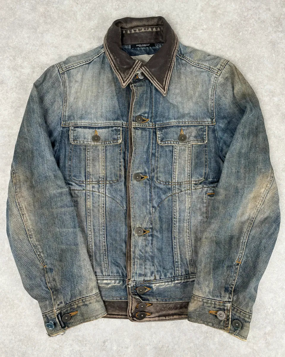 AW2003 Dolce & Gabbana Layered Leather & Faded Denim Jacket VkDbQHy 0