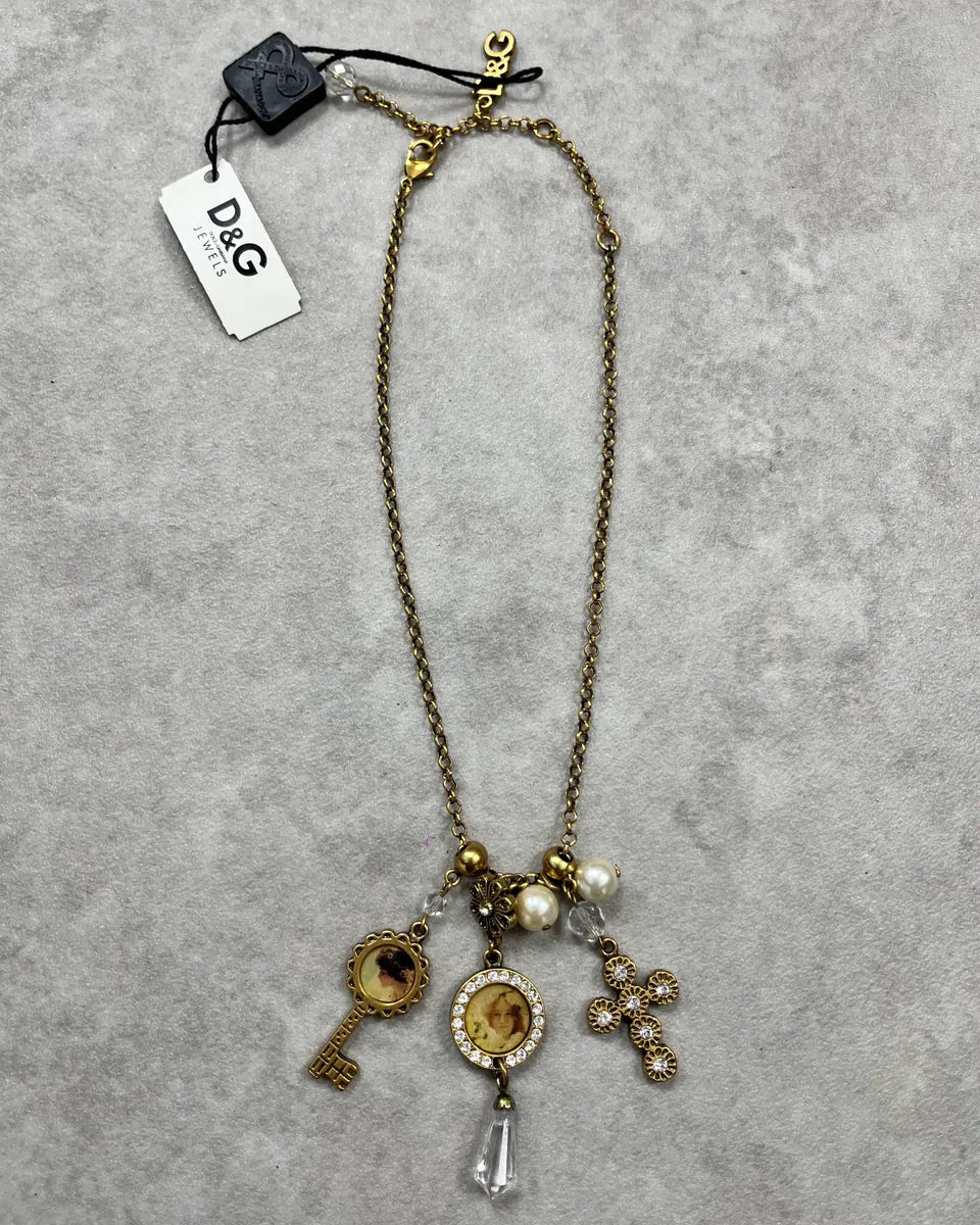 Dolce & Gabbana Gold Antique Steel Charm Necklace NIuIpdM 0
