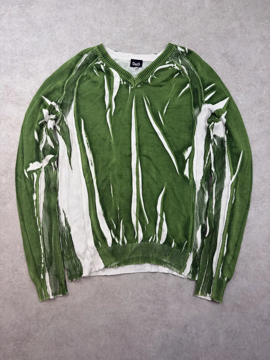 SS2006 Dolce & Gabbana Green & White Forest Striped V-Neck Sweater kzcjSZO 0