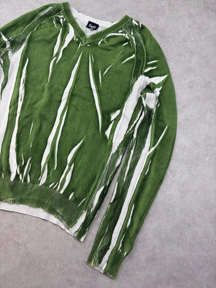 SS2006 Dolce & Gabbana Green & White Forest Striped V-Neck Sweater kzcjSZO 3
