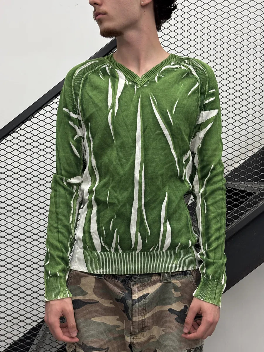 SS2006 Dolce & Gabbana Green & White Forest Striped V-Neck Sweater kzcjSZO 1