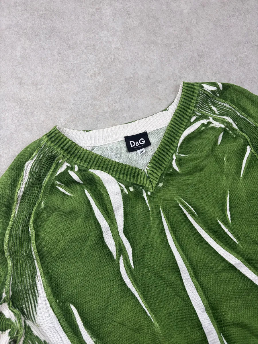 SS2006 Dolce & Gabbana Green & White Forest Striped V-Neck Sweater kzcjSZO 4