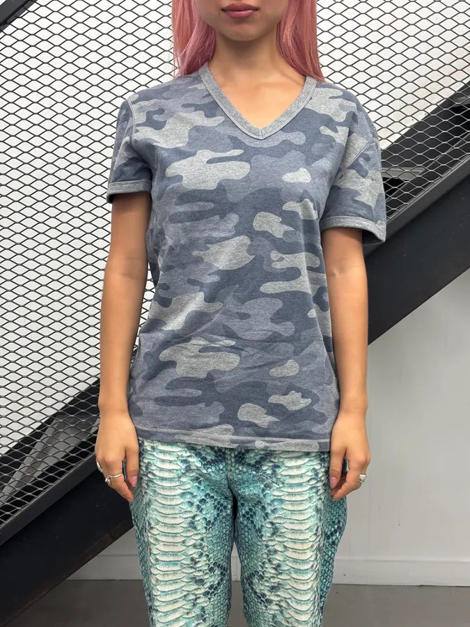 2000s Dolce & Gabbana Blue Grey Camouflage V-Neck T-Shirt uLTaOxv 0
