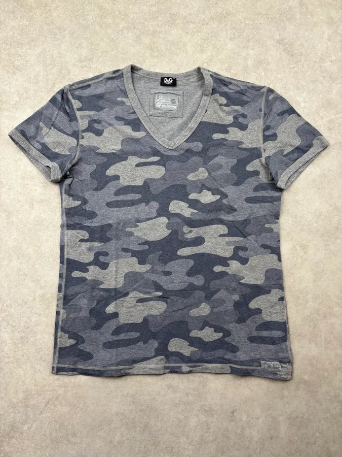 2000s Dolce & Gabbana Blue Grey Camouflage V-Neck T-Shirt uLTaOxv 2