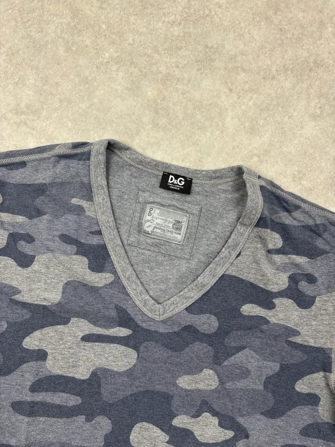 2000s Dolce & Gabbana Blue Grey Camouflage V-Neck T-Shirt uLTaOxv 3