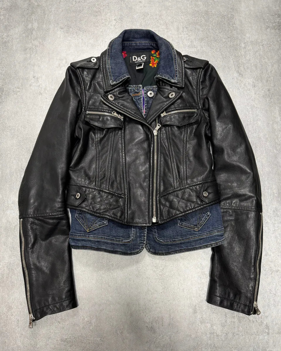 FW2005 Dolce & Gabbana Hybrid Denim Leather Perfecto Jacket ivTueIq 0