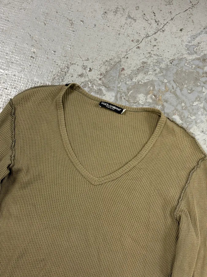 2010s Dolce & Gabbana Khaki Contrast Stitch V-Neck Longsleeve T-Shirt fkLoHQt 3
