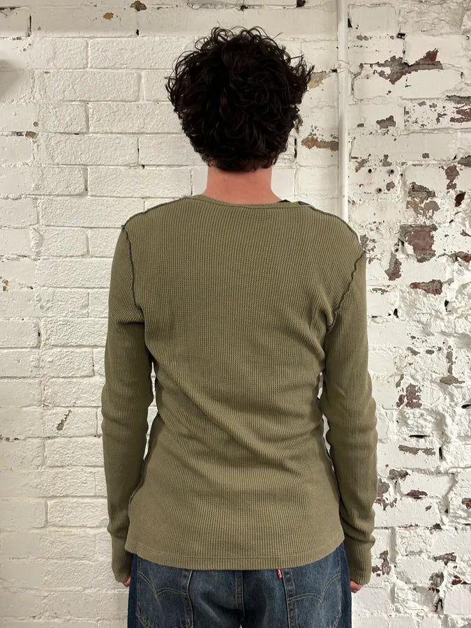 2010s Dolce & Gabbana Khaki Contrast Stitch V-Neck Longsleeve T-Shirt fkLoHQt 2