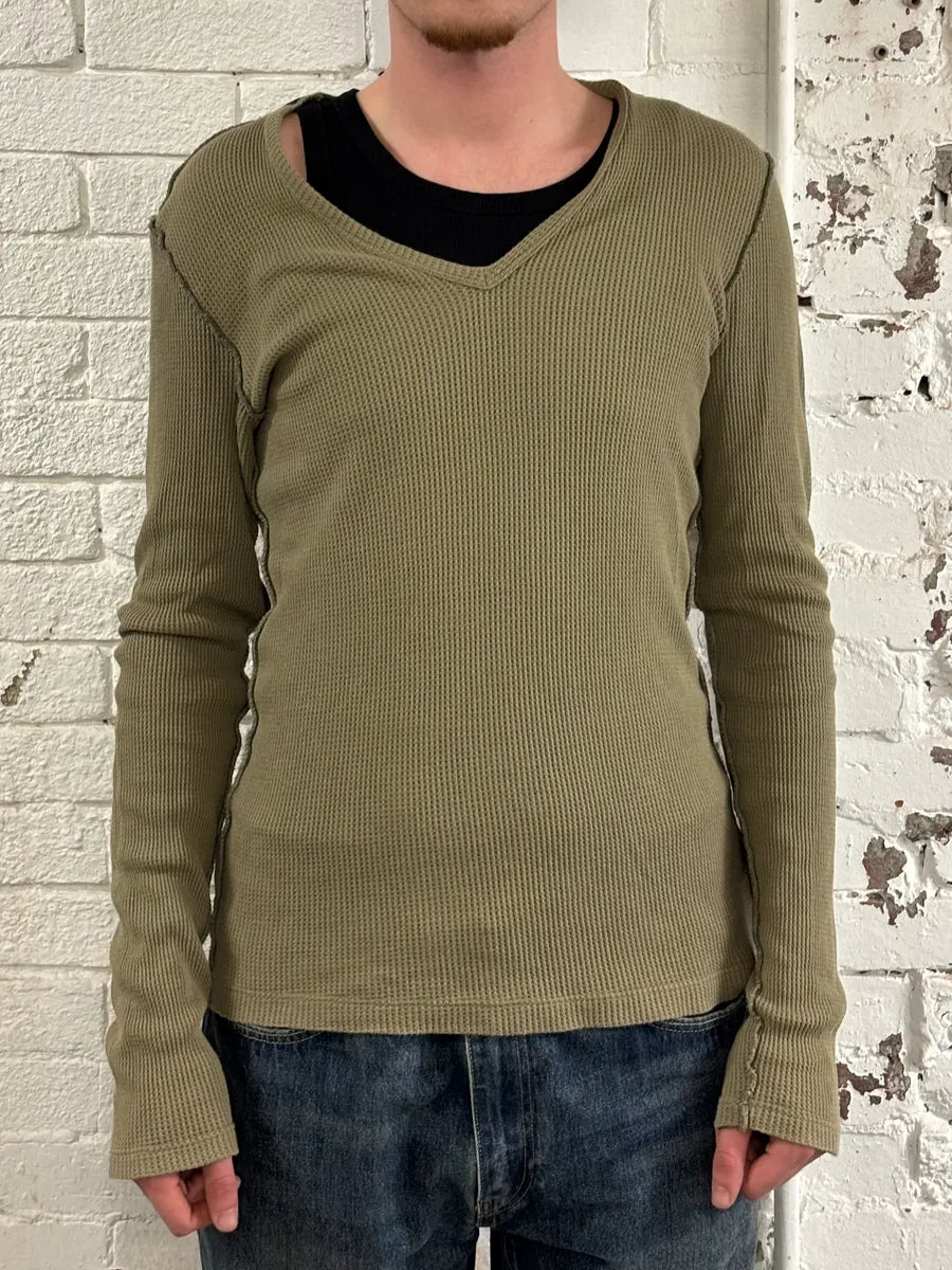 2010s Dolce & Gabbana Khaki Contrast Stitch V-Neck Longsleeve T-Shirt fkLoHQt 0