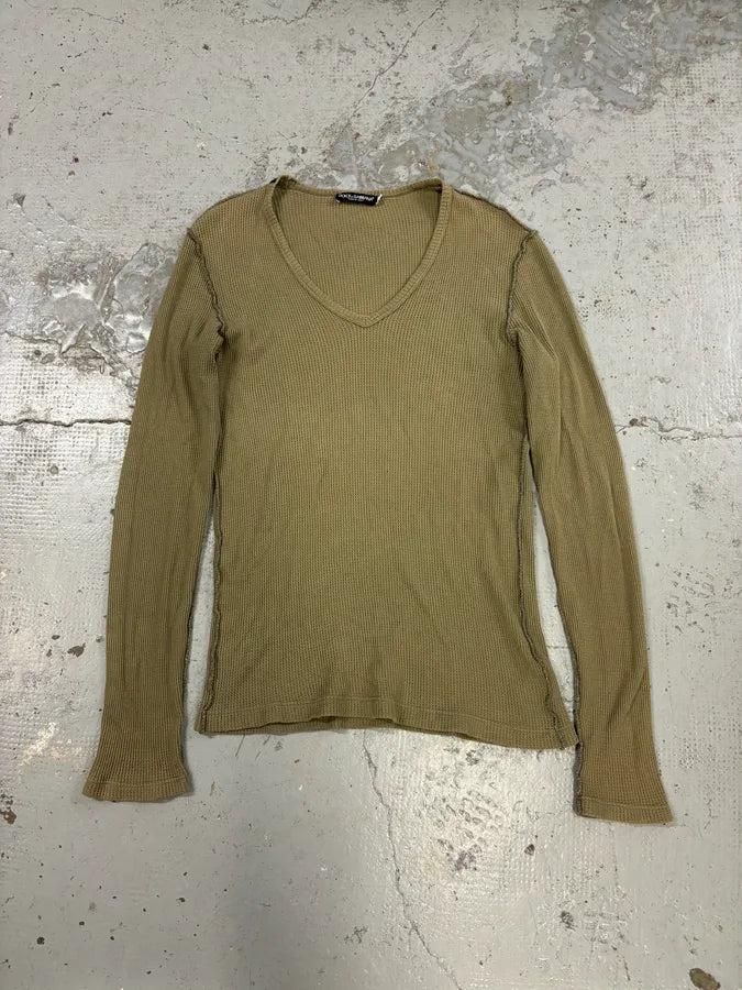 2010s Dolce & Gabbana Khaki Contrast Stitch V-Neck Longsleeve T-Shirt fkLoHQt 1