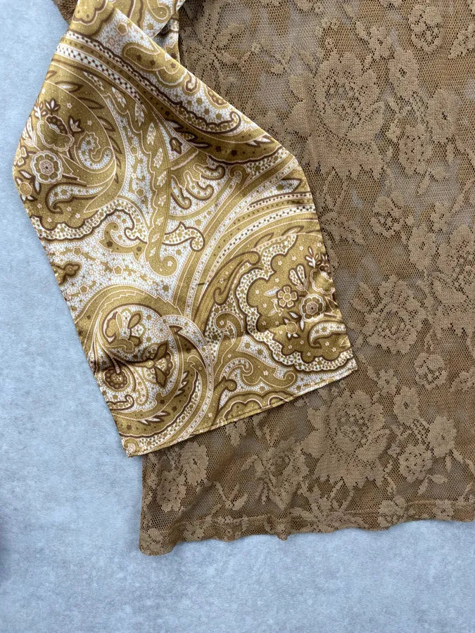 2000s Dolce & Gabbana Khaki Tulle Embroidered Silk Neck Tie Top CSmzVrU 7