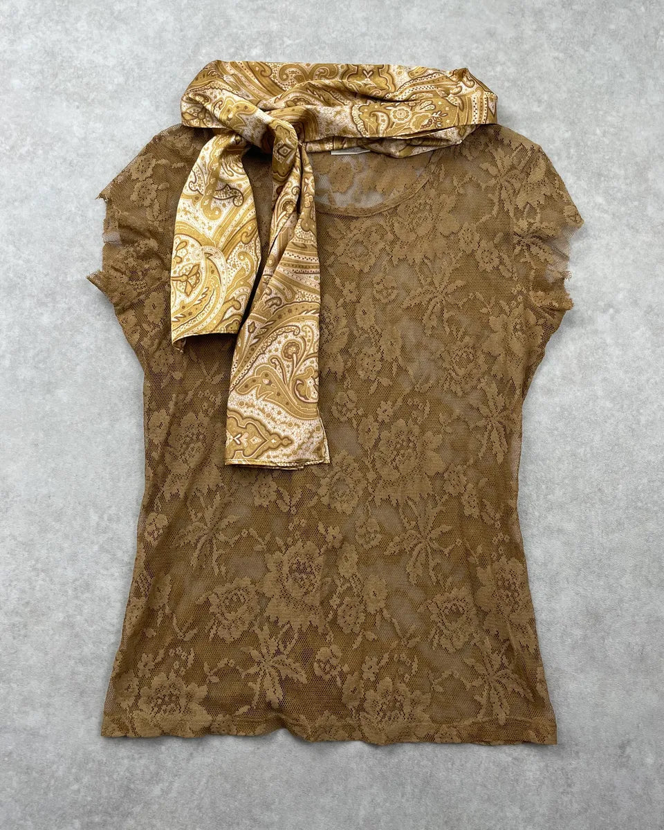 2000s Dolce & Gabbana Khaki Tulle Embroidered Silk Neck Tie Top CSmzVrU 0