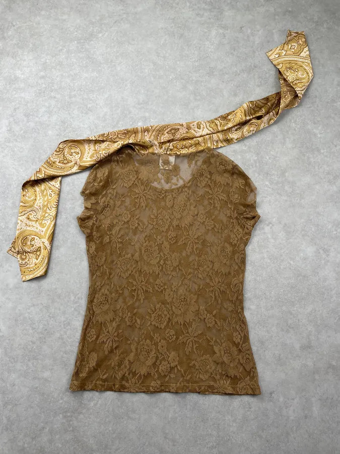 2000s Dolce & Gabbana Khaki Tulle Embroidered Silk Neck Tie Top CSmzVrU 5