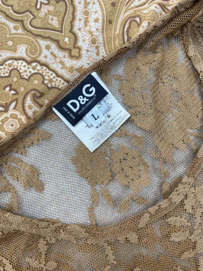 2000s Dolce & Gabbana Khaki Tulle Embroidered Silk Neck Tie Top CSmzVrU 8
