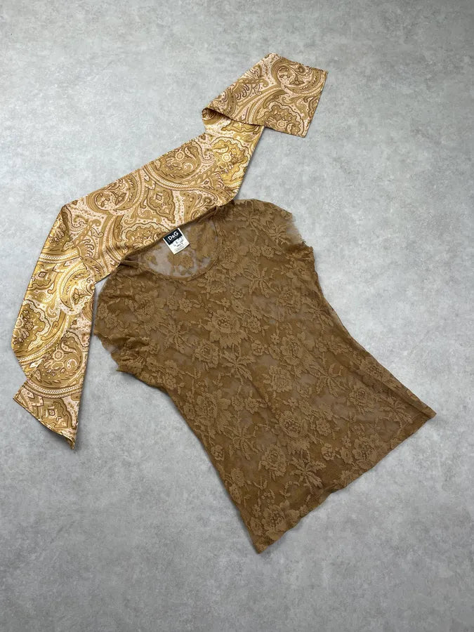 2000s Dolce & Gabbana Khaki Tulle Embroidered Silk Neck Tie Top CSmzVrU 3