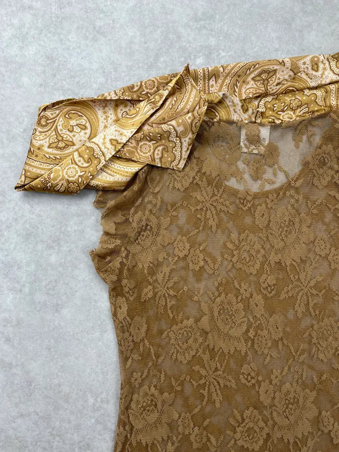 2000s Dolce & Gabbana Khaki Tulle Embroidered Silk Neck Tie Top CSmzVrU 6