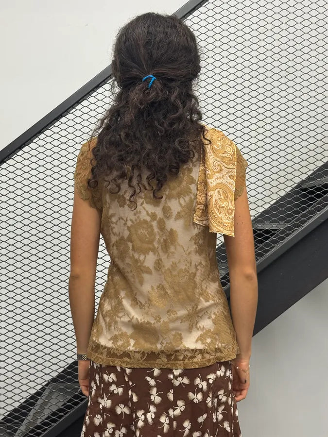 2000s Dolce & Gabbana Khaki Tulle Embroidered Silk Neck Tie Top CSmzVrU 2