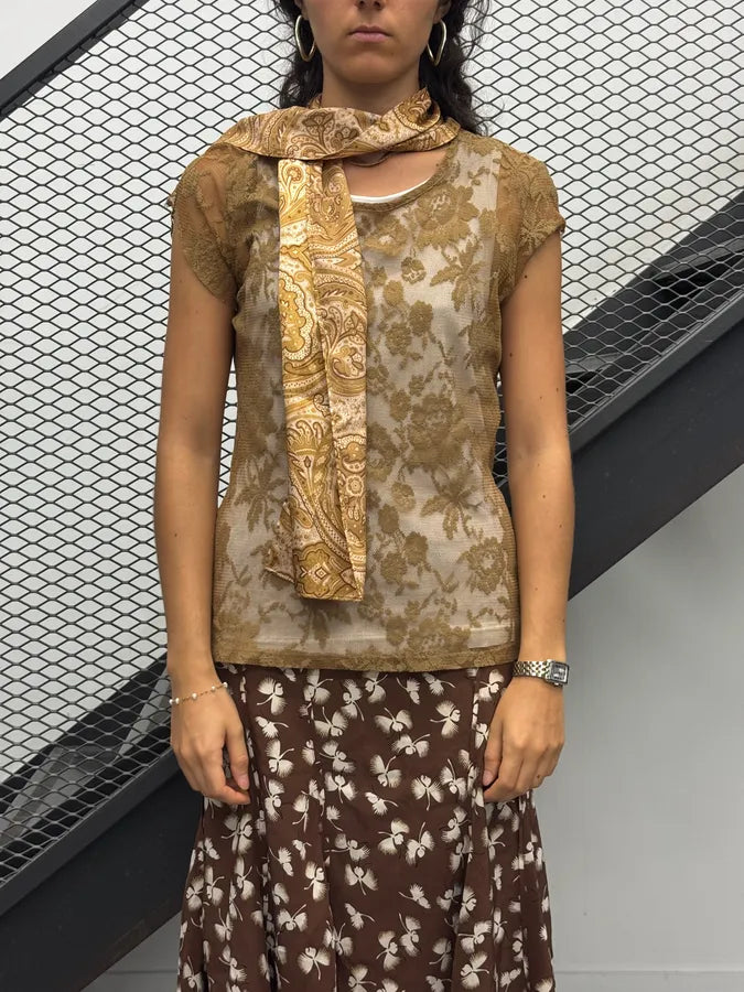 2000s Dolce & Gabbana Khaki Tulle Embroidered Silk Neck Tie Top CSmzVrU 1