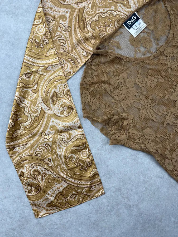 2000s Dolce & Gabbana Khaki Tulle Embroidered Silk Neck Tie Top CSmzVrU 4