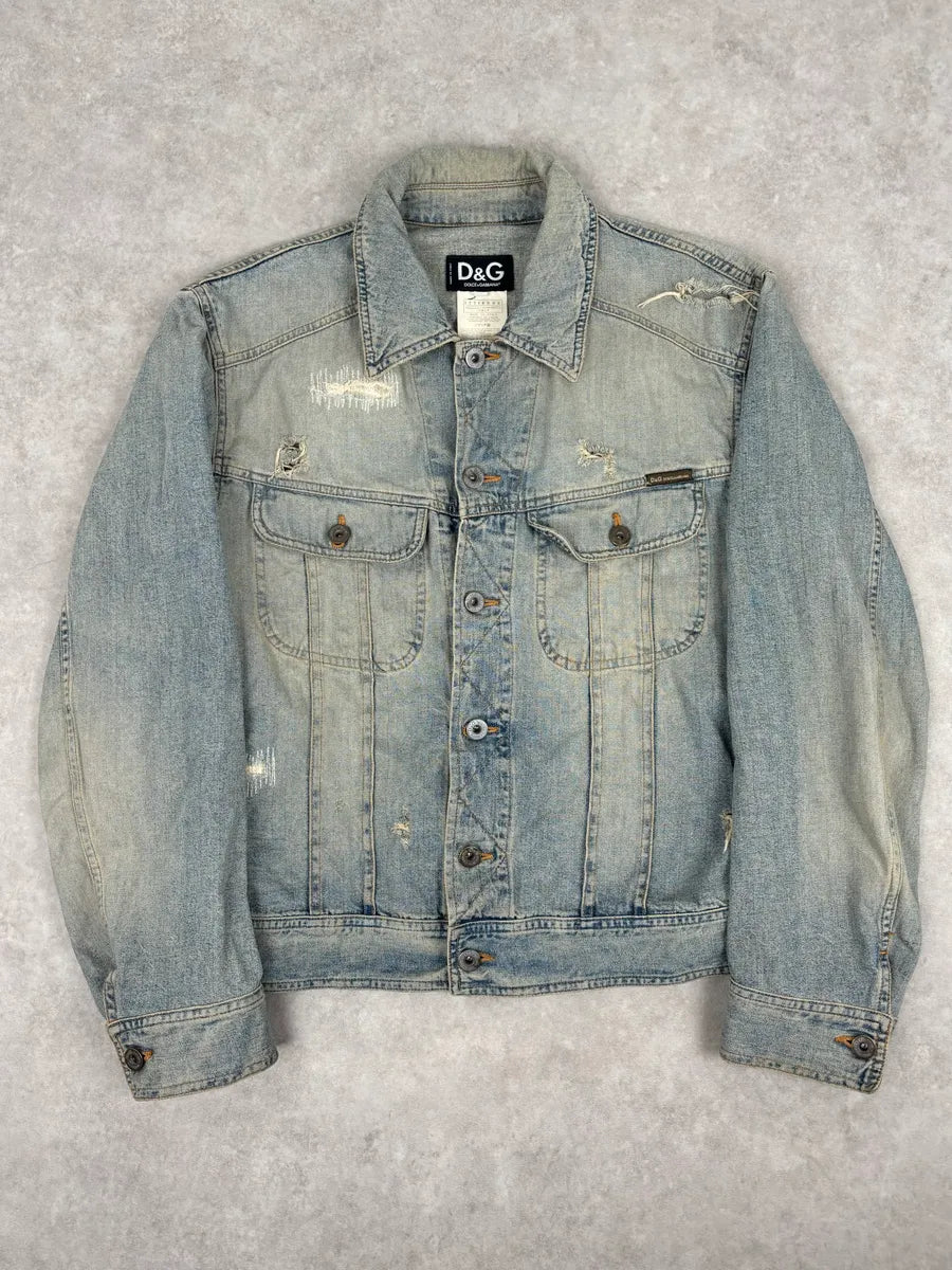 SS2004 Dolce & Gabbana Light Blue Distressed Denim Jacket TEgbvyD 0