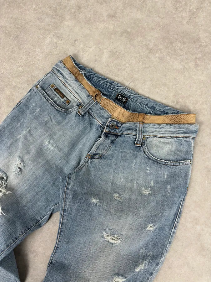 SS2005 Dolce & Gabbana Snakeskin Waisted Blue Denim Distressed Jeans fTmGIUs 4