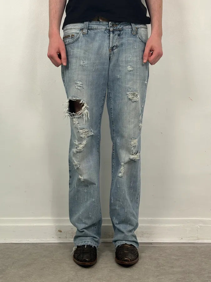 SS2005 Dolce & Gabbana Snakeskin Waisted Blue Denim Distressed Jeans fTmGIUs 1