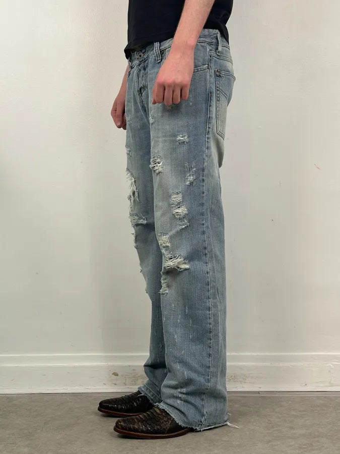 SS2005 Dolce & Gabbana Snakeskin Waisted Blue Denim Distressed Jeans fTmGIUs 2