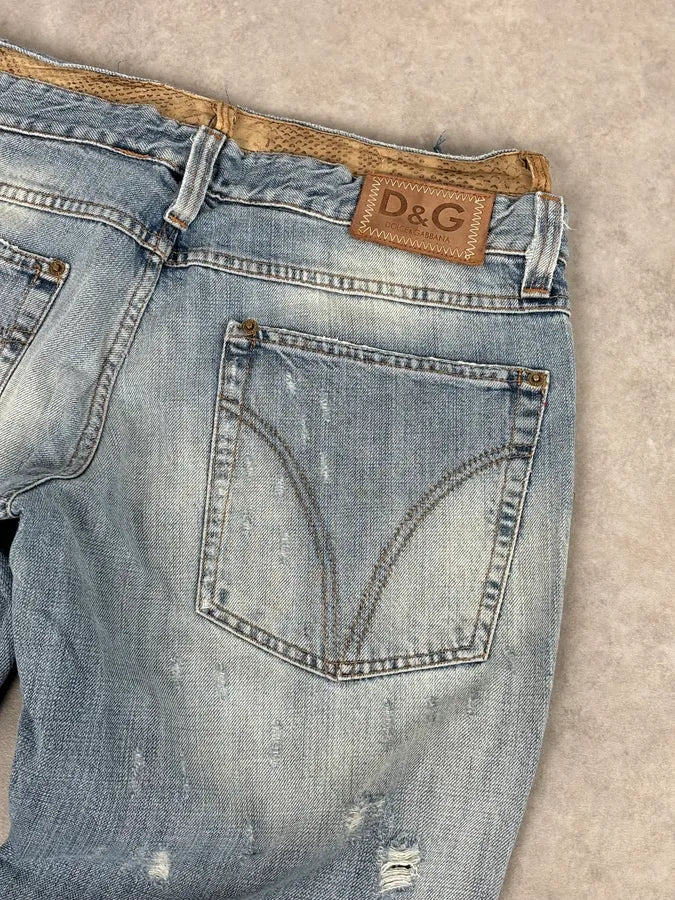 SS2005 Dolce & Gabbana Snakeskin Waisted Blue Denim Distressed Jeans fTmGIUs 7