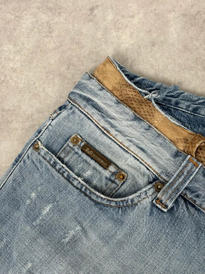 SS2005 Dolce & Gabbana Snakeskin Waisted Blue Denim Distressed Jeans fTmGIUs 9
