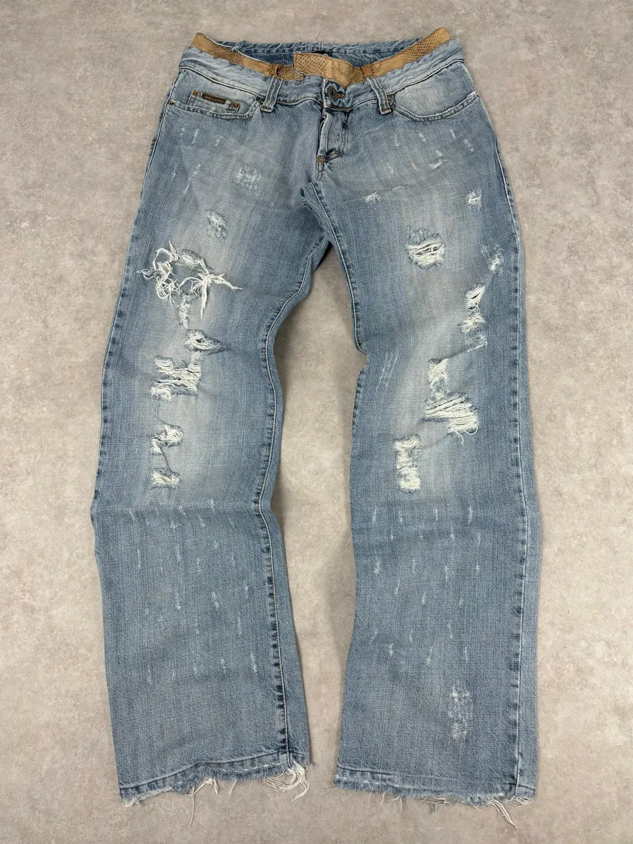 SS2005 Dolce & Gabbana Snakeskin Waisted Blue Denim Distressed Jeans fTmGIUs 0