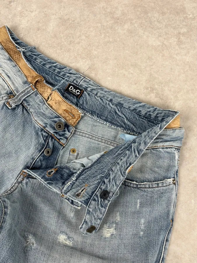 SS2005 Dolce & Gabbana Snakeskin Waisted Blue Denim Distressed Jeans fTmGIUs 8