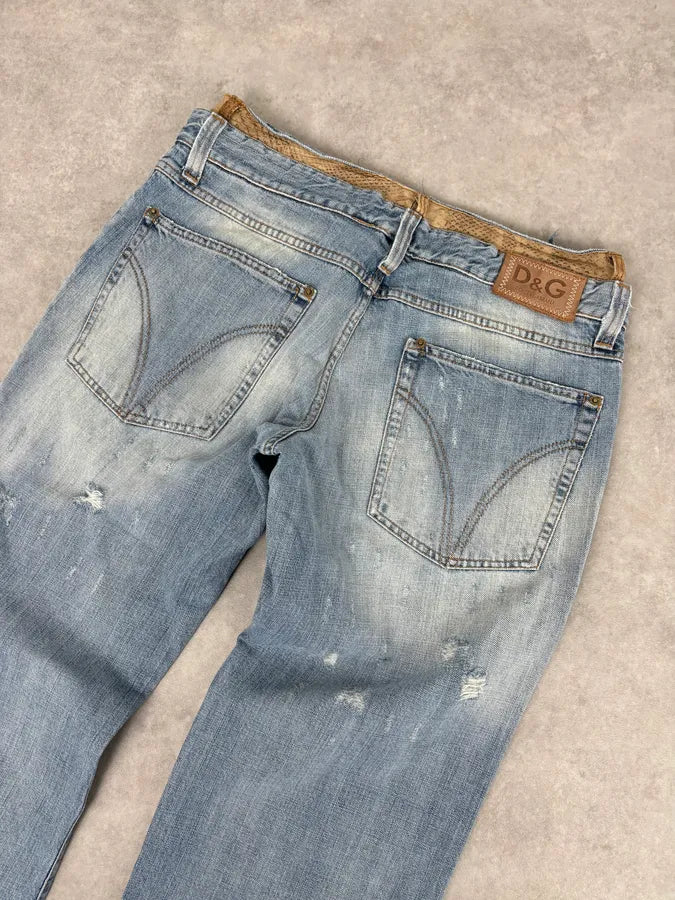 SS2005 Dolce & Gabbana Snakeskin Waisted Blue Denim Distressed Jeans fTmGIUs 6