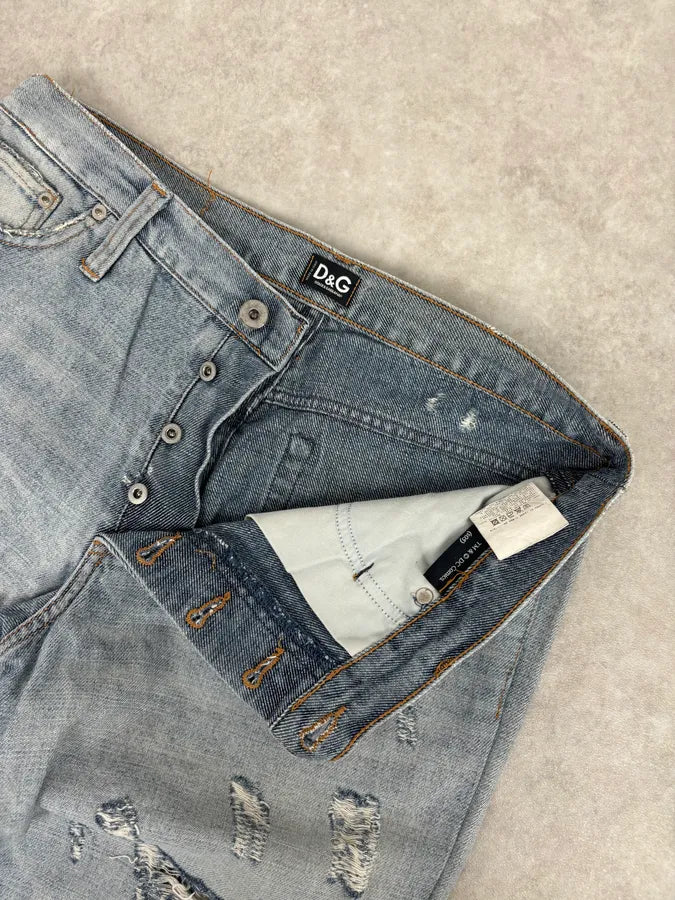 SS2005 Dolce & Gabbana Light Blue Denim Distressed Superman Jeans INgCqDN 10