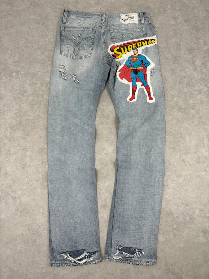SS2005 Dolce & Gabbana Light Blue Denim Distressed Superman Jeans INgCqDN 0