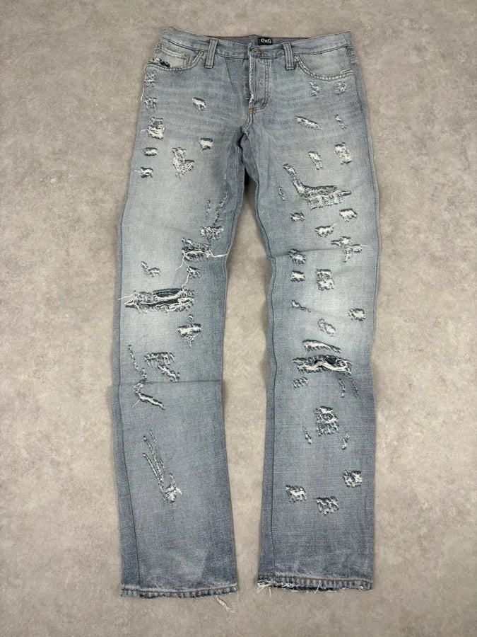 SS2005 Dolce & Gabbana Light Blue Denim Distressed Superman Jeans INgCqDN 1