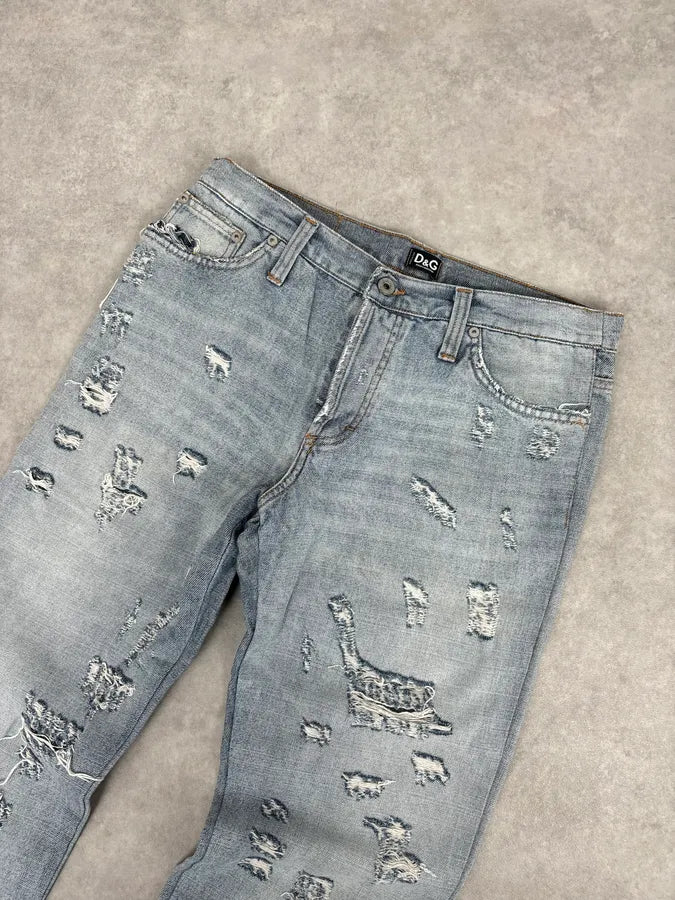 SS2005 Dolce & Gabbana Light Blue Denim Distressed Superman Jeans INgCqDN 6