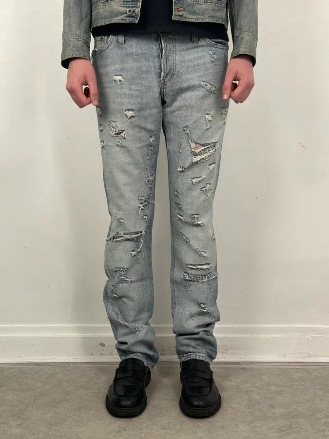 SS2005 Dolce & Gabbana Light Blue Denim Distressed Superman Jeans INgCqDN 3