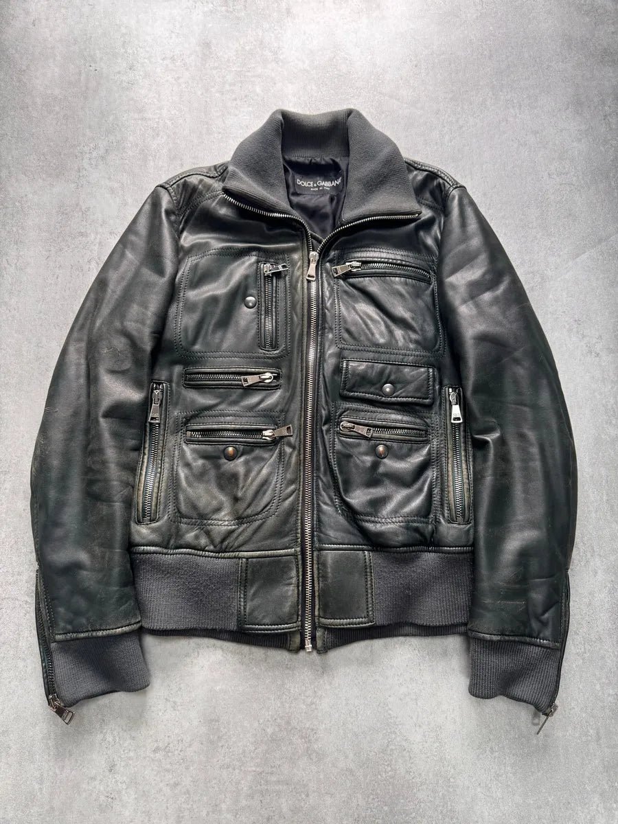 Dolce & Gabbana Multi-Zip Dark Olive Leather Jacket (M) 1