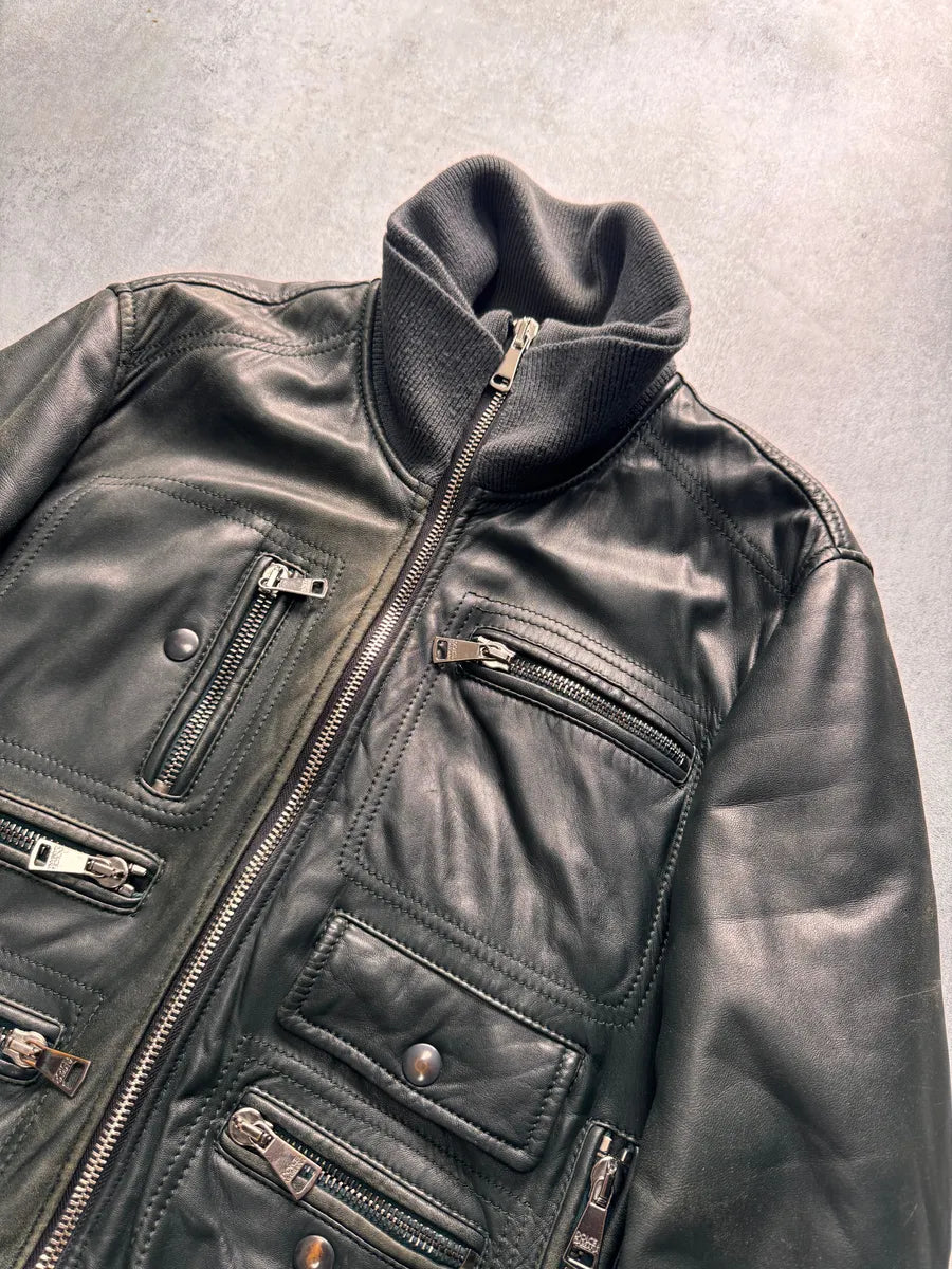 Dolce & Gabbana Multi-Zip Dark Olive Leather Jacket (M) 2