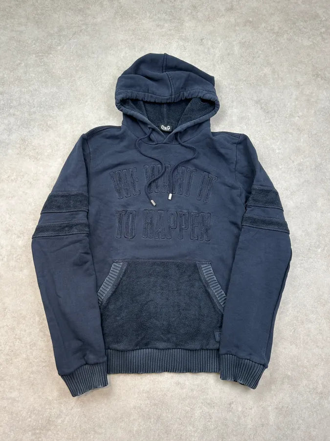 2000s Dolce & Gabbana Navy Blue Mixed Fleece Hoodie TTgaLVr 0