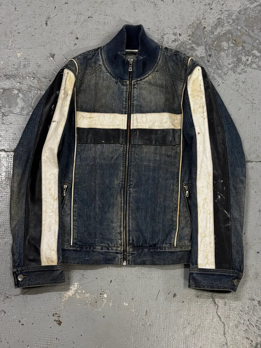 AW2005 Dolce & Gabbana Navy Hybrid Leather & Denim Jacket OEYzZik 0