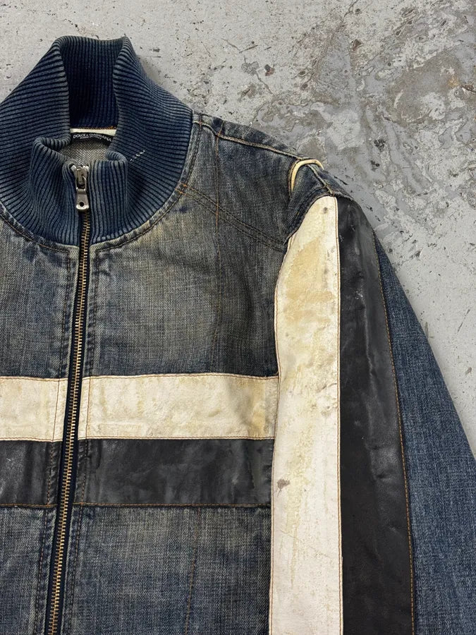 AW2005 Dolce & Gabbana Navy Hybrid Leather & Denim Jacket OEYzZik 9