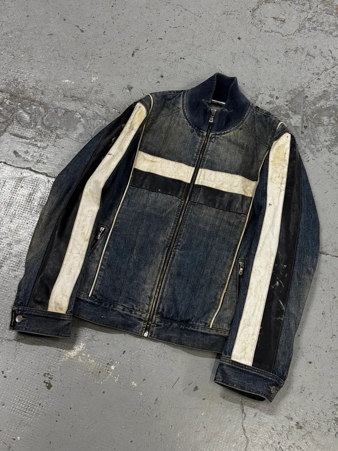 AW2005 Dolce & Gabbana Navy Hybrid Leather & Denim Jacket OEYzZik 6