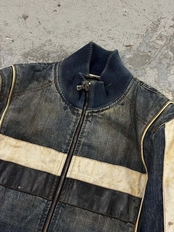 AW2005 Dolce & Gabbana Navy Hybrid Leather & Denim Jacket OEYzZik 4