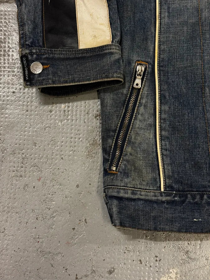 AW2005 Dolce & Gabbana Navy Hybrid Leather & Denim Jacket OEYzZik 10