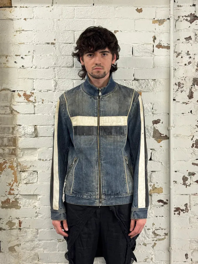 AW2005 Dolce & Gabbana Navy Hybrid Leather & Denim Jacket OEYzZik 1