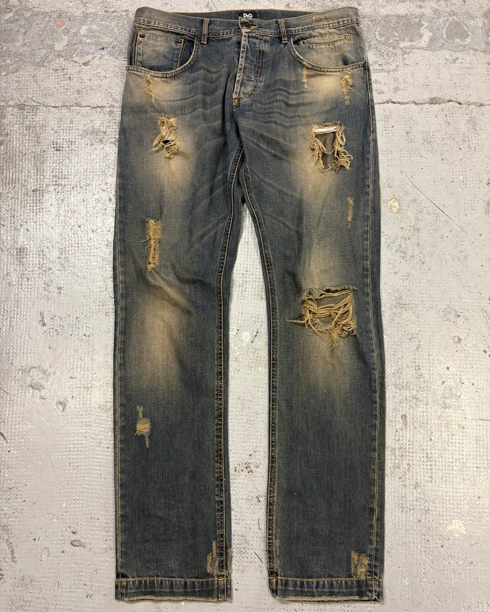 AW2009 Dolce & Gabbana Navy Denim Distressed Faded Fit Jeans yzmRora 0