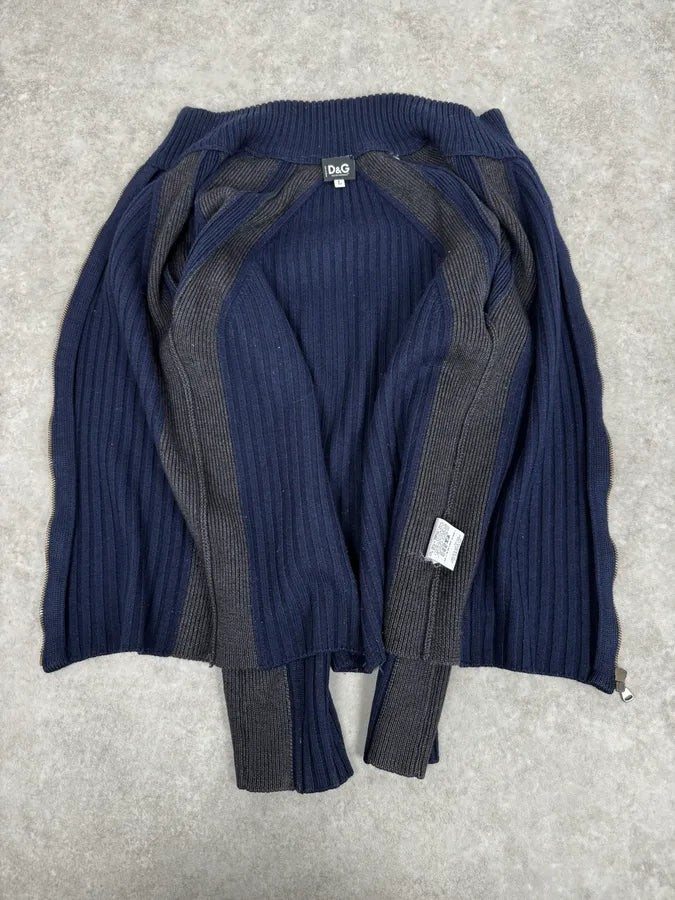 2000s Dolce & Gabbana Navy Grey Lines Turtle Neck Wool Zip-Up hoVqwYY 4