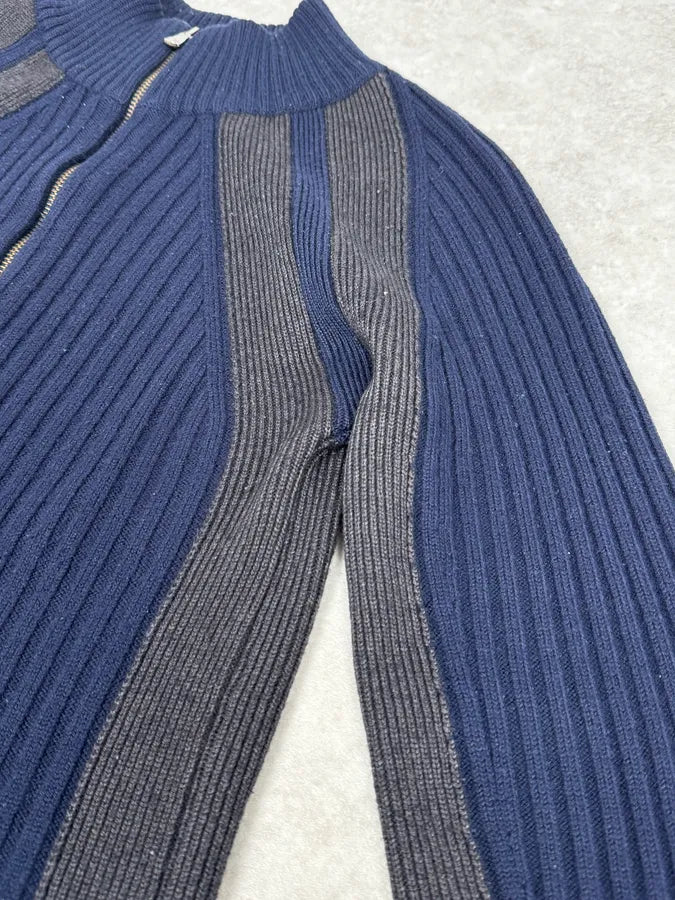2000s Dolce & Gabbana Navy Grey Lines Turtle Neck Wool Zip-Up hoVqwYY 5
