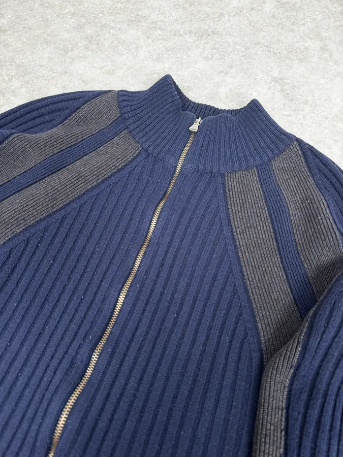2000s Dolce & Gabbana Navy Grey Lines Turtle Neck Wool Zip-Up hoVqwYY 2